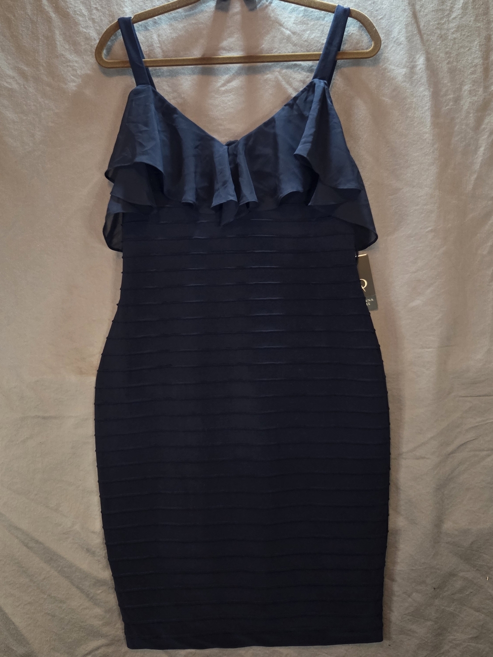 Adrianna Papell NWT Navy Blue Ruffle Tiered Sheath Cocktail Dress Womens 10